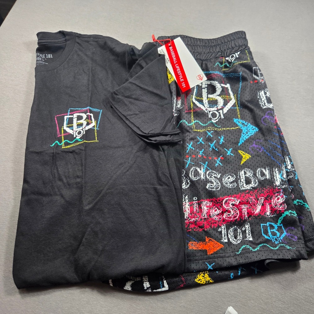 Baseball Lifestyle 101 Chalkboard T-Shirt and Mesh Shorts Set Mens Large Black